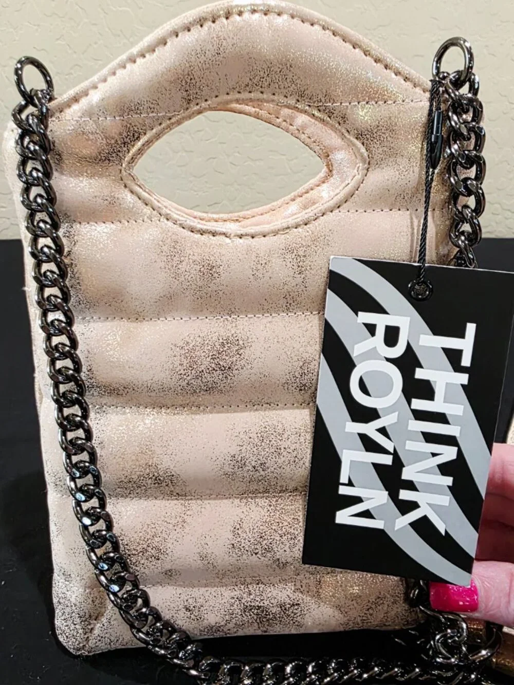 NWT Mini Florent Pink Champagne Puffer Crossbody Bag Purse Chain Strap